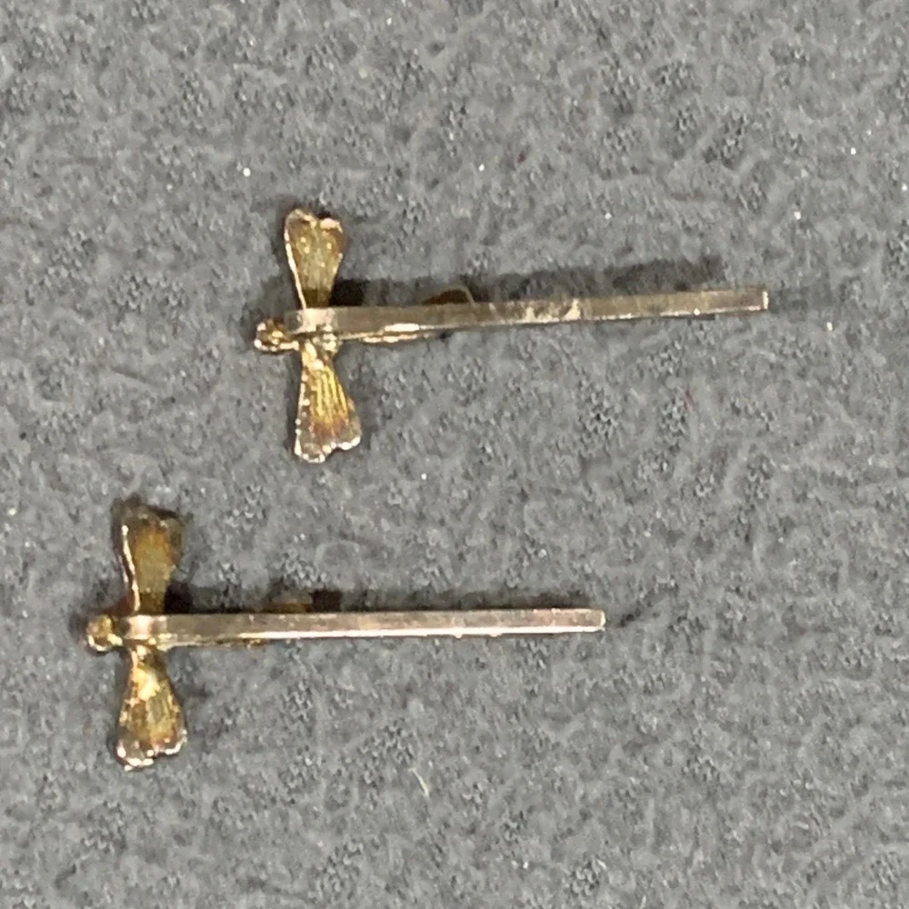 Vintage Dragonfly Bobby Pins Silver Tone Red Rhinestone Whimsical Fairycore